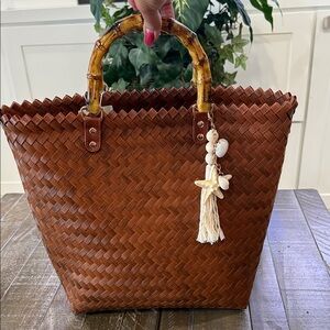 NWT Tommy Bahama Woven Basket Tote Bag Bamboo Handle Starfish Charm